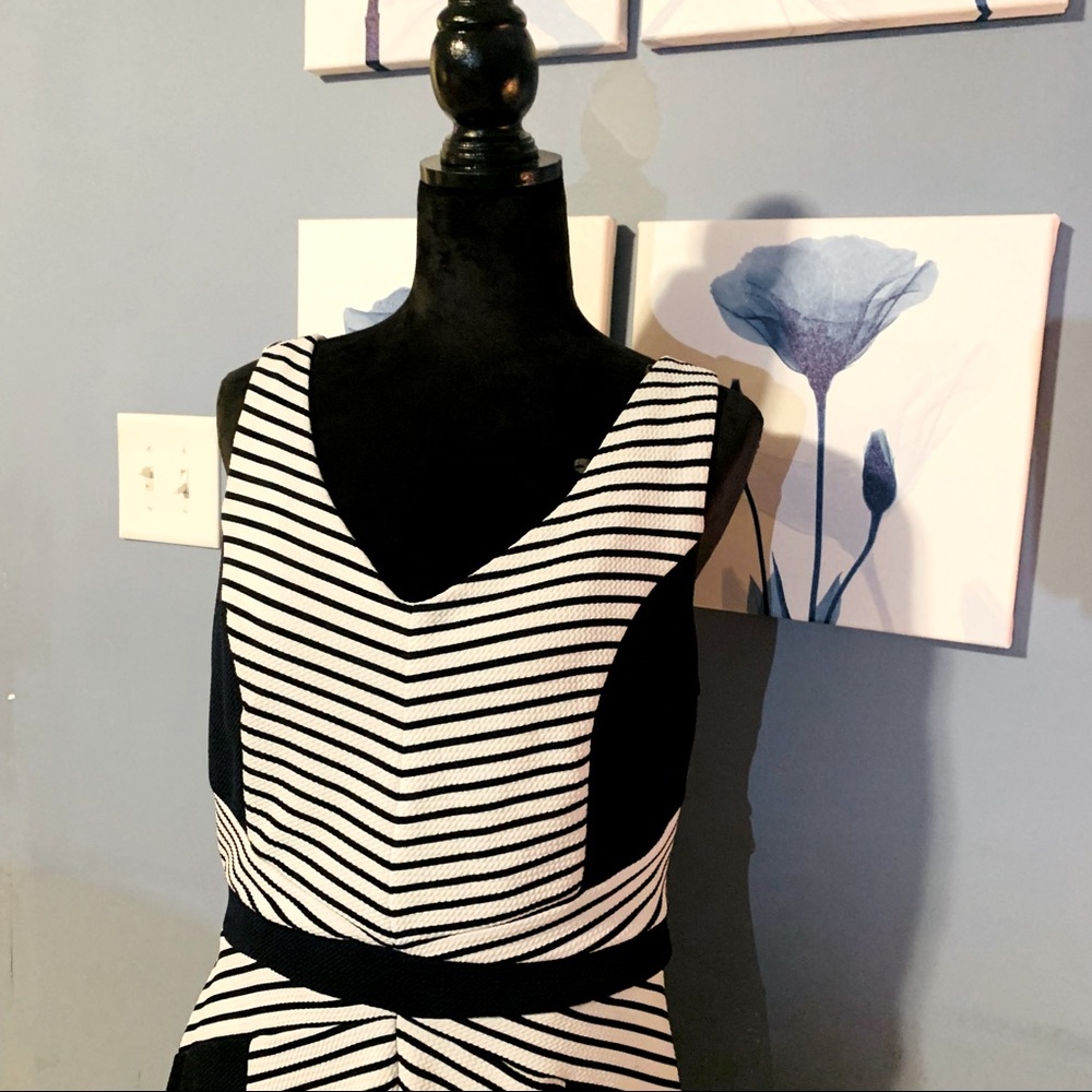 Blue and White strip dress. Size 14 . Gold Zipper in the back . No sleeves .